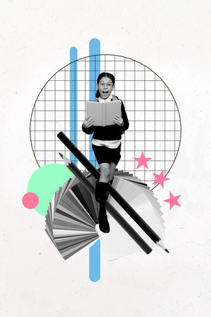 Composite sketch artwork 3D collage of young schoolgirl walk smile pencil hold open book read education academic student elementary classの写真素材
