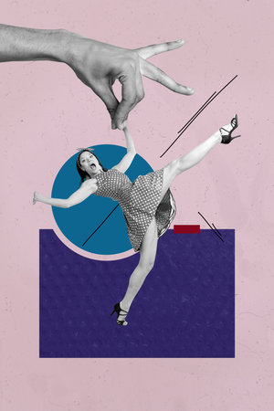 Pop image sketch 3d collage poster of happy girl guy business stand target development career success promotion chance achievementの写真素材