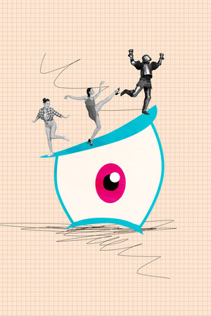 Sketch image trend artwork photo collage of huge eye control escape focus spy surveillance search watch friends two lady man knight danceの写真素材
