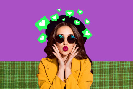 Full zine trendy photo collage of happy girl guy blogger receive like notification social media...