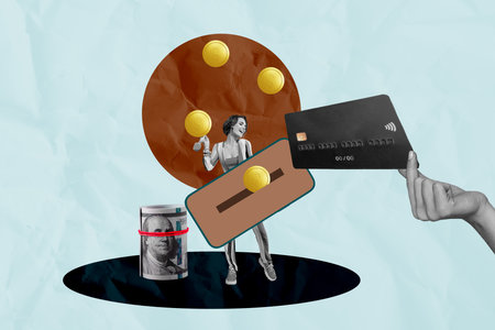 Trendy poster art photo collage of hands hold phone credit card deposit income coin banknote roll cashless earnings man girlの写真素材