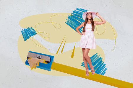 Full photo trend art collage of happy girl stand wooden pencil school supply drawing sketch college student sharpener shellの写真素材