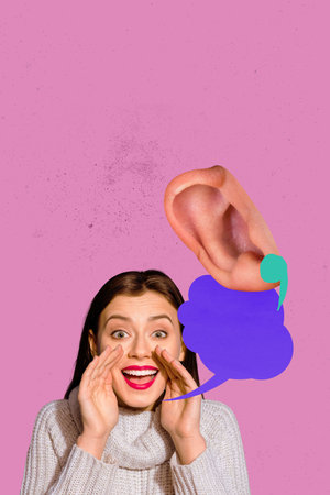 Image poster collage of person with speech bubble and ear on pink color background