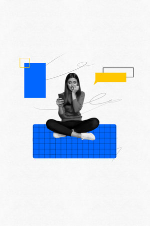 Vertical art creative zine photo collage of happy girl guy hold phone laptop type message communication icon chat dialogueの写真素材