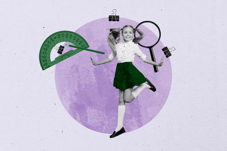 Banner full 3d photo trend image collage of happy small schoolgirl stand education supplies magnifier lens pencil clip rulerの写真素材