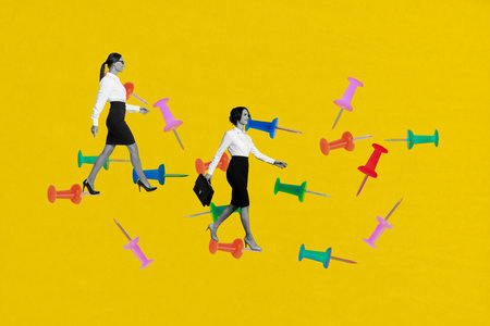 Composite trendy magazine photo collage of two happy girls business partners walk pin education supplies academic cooperationの写真素材