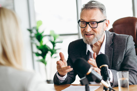 Senior executive conducting a business interview in an office with a young professional