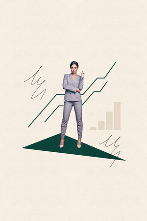 Poster visual collage of person stand work on pastel background with graphsの写真素材
