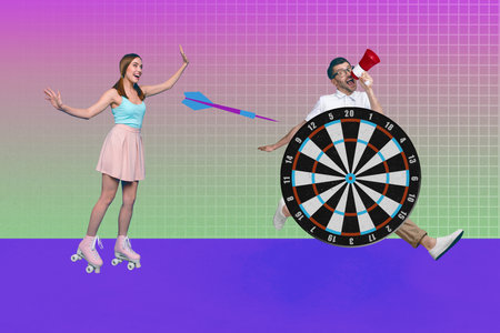 Collage of funny business man woman with darts board and arrow symbolizing goal achievement success aimの写真素材