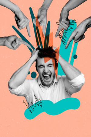 Pop zine sketch artwork collage of angry man girl stand hands pressure cyberbully violence problem stereotype offenseの写真素材