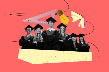 3d image poster sketch collage of happy group mates girls guys bachelor receive master degree...