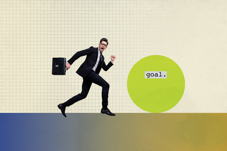 Magazine picture collage image of happy businesswoman businessman receive career promotion success developmentの写真素材