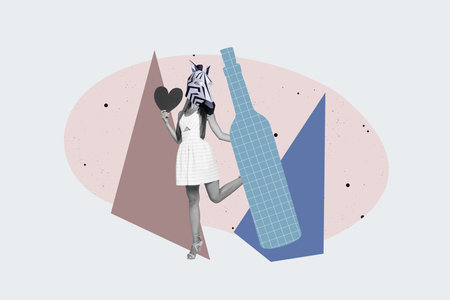 Collage of dancing people in animal masks and alcohol drinks with disco ball spotlights for party celebration conceptの写真素材