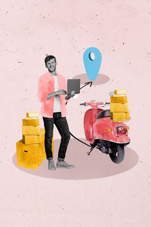 Vertical image poster art pop collage of happy girl guy stand geolocation icon moped transport fast shipment box pile exportの写真素材