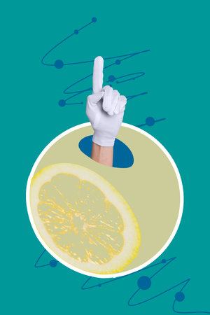Image vertical 3d collage poster of hand peek orange slice fruit citrus detox nutrition healthy lifestyle soda beverage summerの写真素材