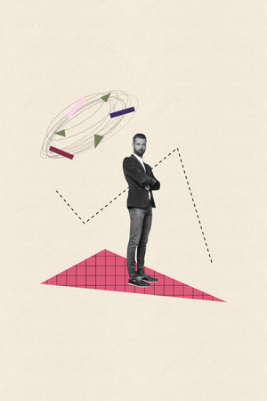 Poster pop collage of person stand on pastel background with drawing graphs messy linesの写真素材