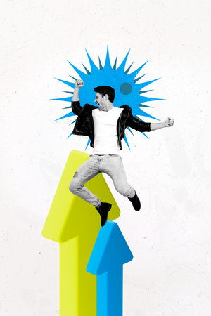 Creative vertical image photo art collage of happy businesswoman businessman receive arrow progress statistics career promotionの写真素材