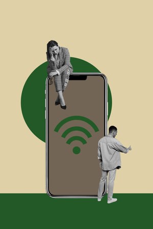 Image vertical 3d collage poster of happy business partners stand phone device screen wifi icon fast 5g network connectionの写真素材