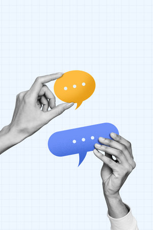 Trend artwork collage template composite sketch of body fragment two hands hold speech cloud mind speech feedback thought communicationの写真素材