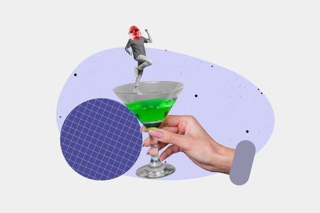 Collage of dancing people in animal masks and alcohol drinks for party celebration conceptの写真素材
