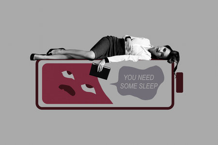 3D collage poster template trend artwork sketch of low battery charge young lady lying down exhausted you need some sleep low motivationの写真素材