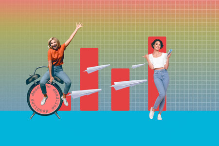 Collage of people office tools arrow chart symbolizing business growth earnings career development