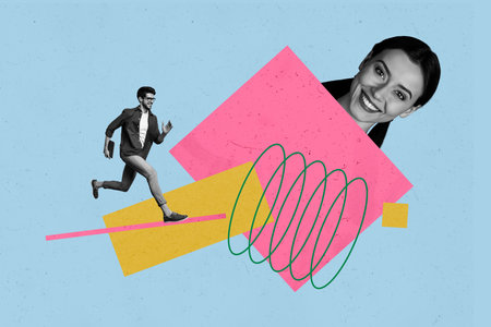 Trend image full art photo collage of happy girl guy stand bubble communication dialogue geometric figure doodle chatterboxの写真素材