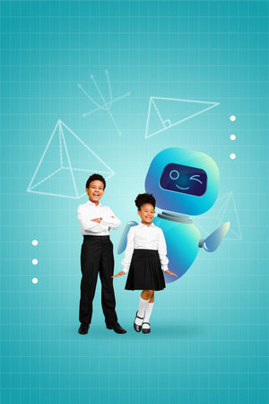 3d photo collage trend sketch template artwork of two happy schoolboy schoolgirl stand robot wink...