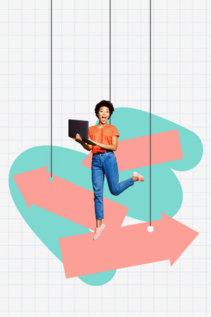 3d pop zine image photo art collage of happy businesswoman businessman receive arrow progress career promotion concept goal achieveの写真素材