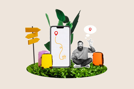 Full 3d image creative poster collage of happy man sit phone screen route relocation home gps plane...