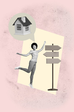 Vertical trendy magazine photo collage of happy girl guy stand road sign pointer hose relocation travel new purchase settlementの写真素材
