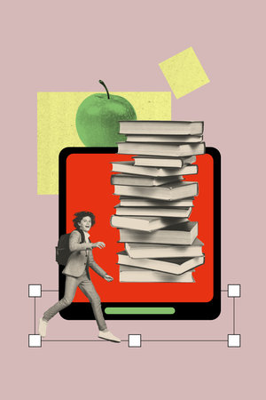 Banner 3d poster art collage of happy teenage boy run tablet elearn digital courses book stack...
