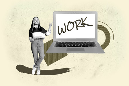 Composite creative full art collage of happy businessman businesswoman stand laptop device freelancer workload occupationの写真素材