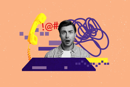 Creative art collage of person shock shout with messy lines phone letters signs on orange background