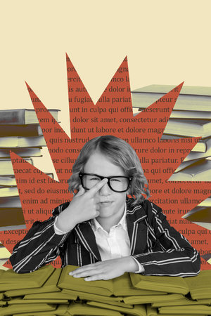 Poster image sketch vertical collage of minded geek schoolboy sit pile open book education reader...