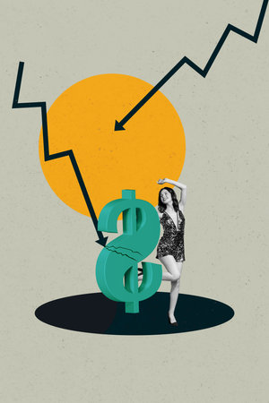 Sketch vertical photo collage of inexperienced businesswoman businessman stand arrow decline dollar loss crisis inflation bankruptの写真素材