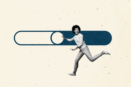 3D collage trend artwork composite sketch poster of young lady run smile hand hold button download...