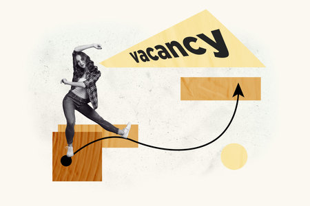 Full image sketch 3d collage poster of happy employee girl guy stand arrow vacancy hiring interface...