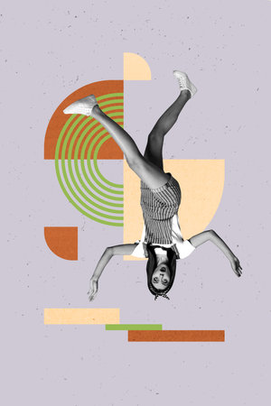 Banner pop collage of person fall down danger on grey background with lines circleの写真素材