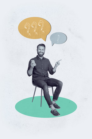Artwork 3d poster art collage of happy guy stand bubble communication chatterbox speech scribble...