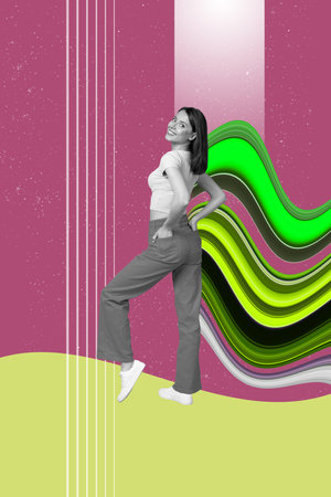 Poster pop collage of person stand posing with moving color waves on red backgroundの写真素材