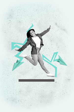 Vertical 3D poster sketch art collage of happy businessman businesswoman fly paper plane development career goal achievementの写真素材