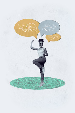 Vertical 3d poster art collage of happy girl guy stand bubble communication chatterbox speech scribble dialogue conversationの写真素材