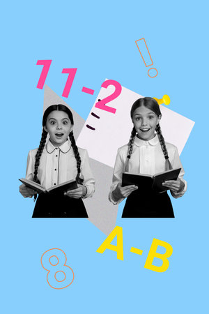 Art image vertical photo collage of two happy preteen classmates stand classroom hold book reader...
