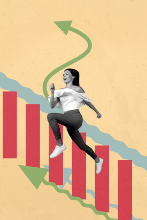 Picture pop collage of person stand graphs column up on pastel background