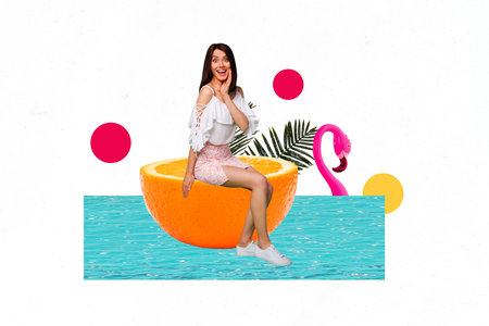 Composite trendy magazine photo collage of happy girl sit half orange swim sea water summer vibe...