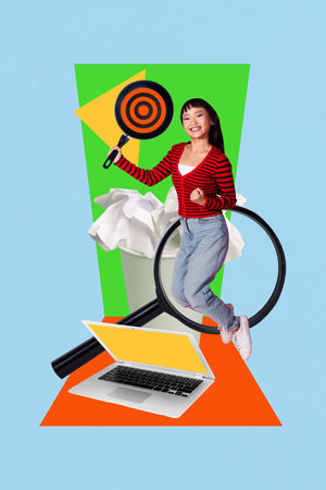 3D photo collage template trend artwork composite of young lady jump hold pan aim target laptop magnifier glass paper trash cup drink togoの写真素材