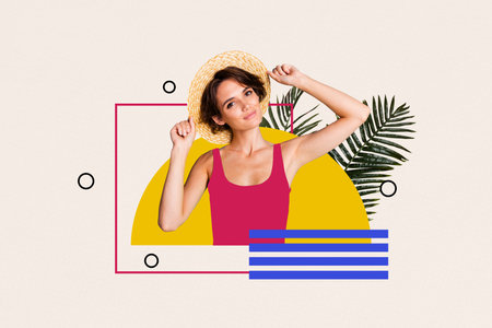 Sketch full zine artwork collage of happy glamour girl wear straw hat sexy bikini summer vacation palm leaves relax travelの写真素材
