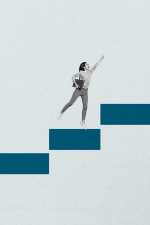 Pop zine sketch artwork collage of happy businesswoman stand career ladder development statistics...