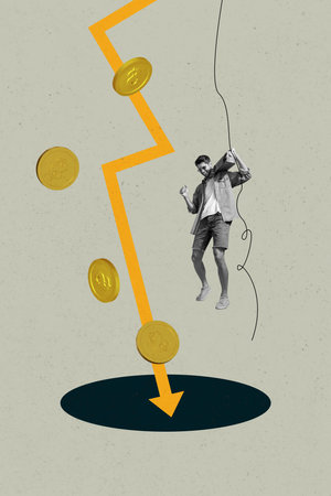 Banner 3d pop photo collage of inexperienced businesswoman businessman stand arrow decline dollar...
